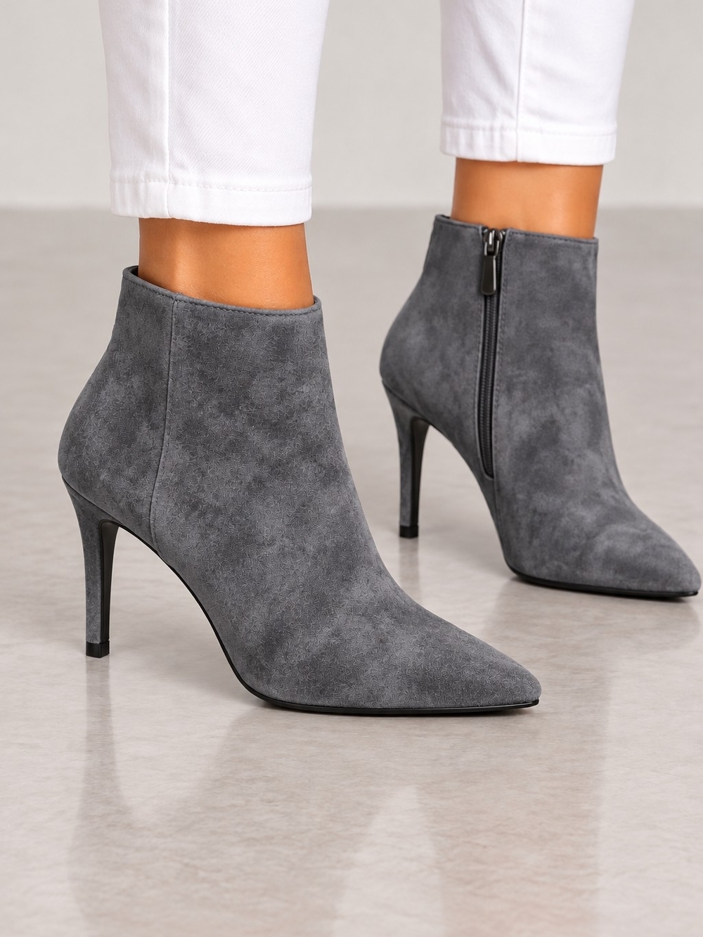 Mila Lady Suede Pointed-Toe Ankle Boots - Gray - NIB